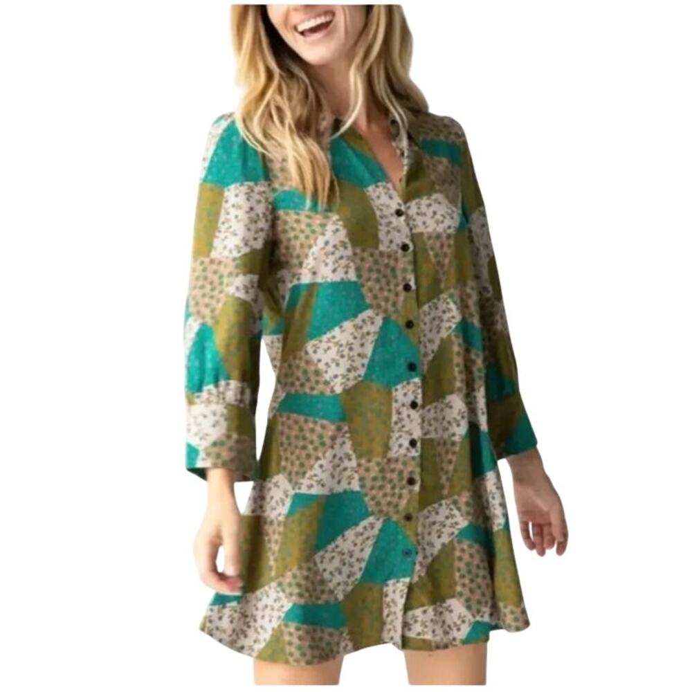 Natural Life Twiggy Mini Shirt Dress Womens Small Green Floral Patchwork